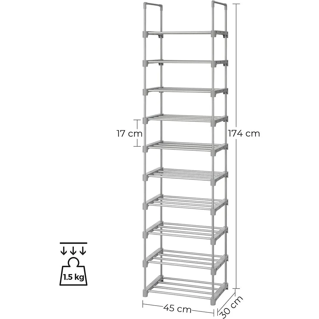 10-Tier Customizable Metal Shoe Rack, 50kg Load, Grey