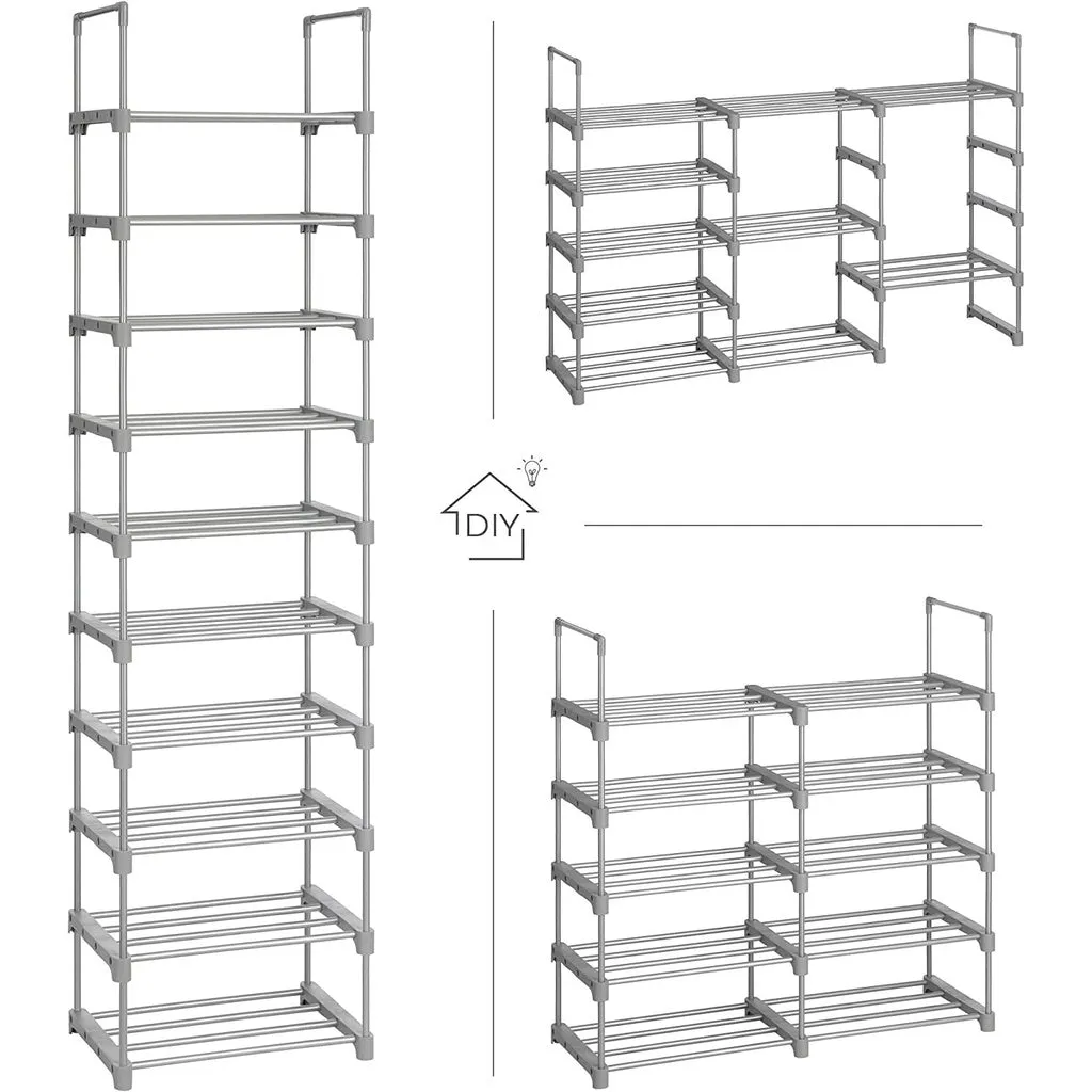 10-Tier Customizable Metal Shoe Rack, 50kg Load, Grey