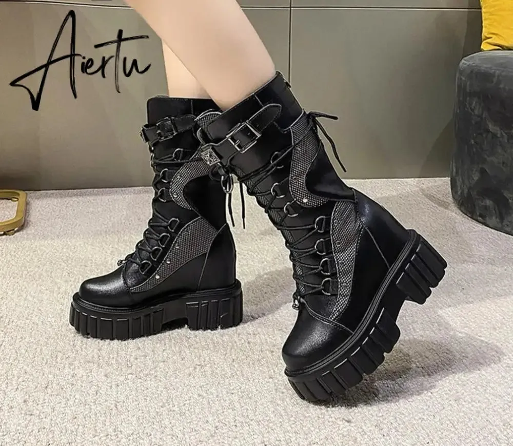 Aiertu Big Size 35-43 Brand Design Ladies High Platform Boots Fashion Rivet Goth High Heels Boots Women Cosplay Wedges Punk Shoes Woman