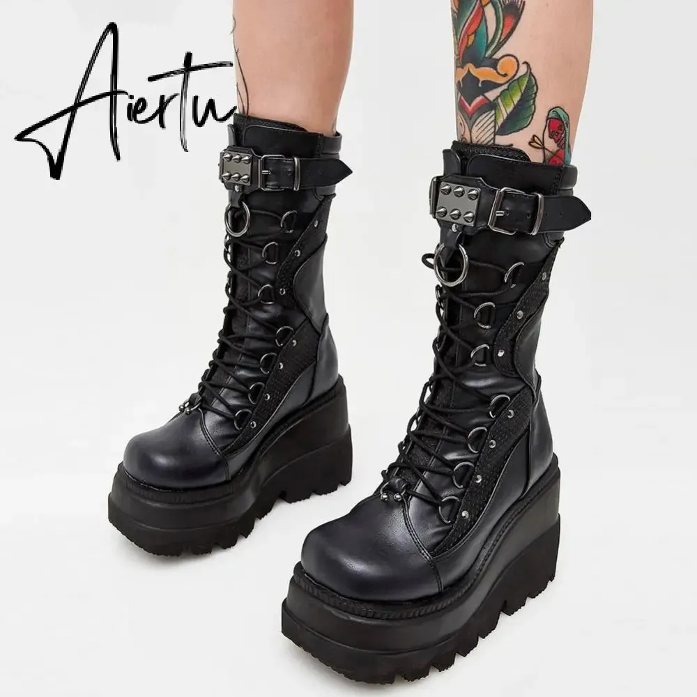 Aiertu Big Size 35-43 Brand Design Ladies High Platform Boots Fashion Rivet Goth High Heels Boots Women Cosplay Wedges Punk Shoes Woman