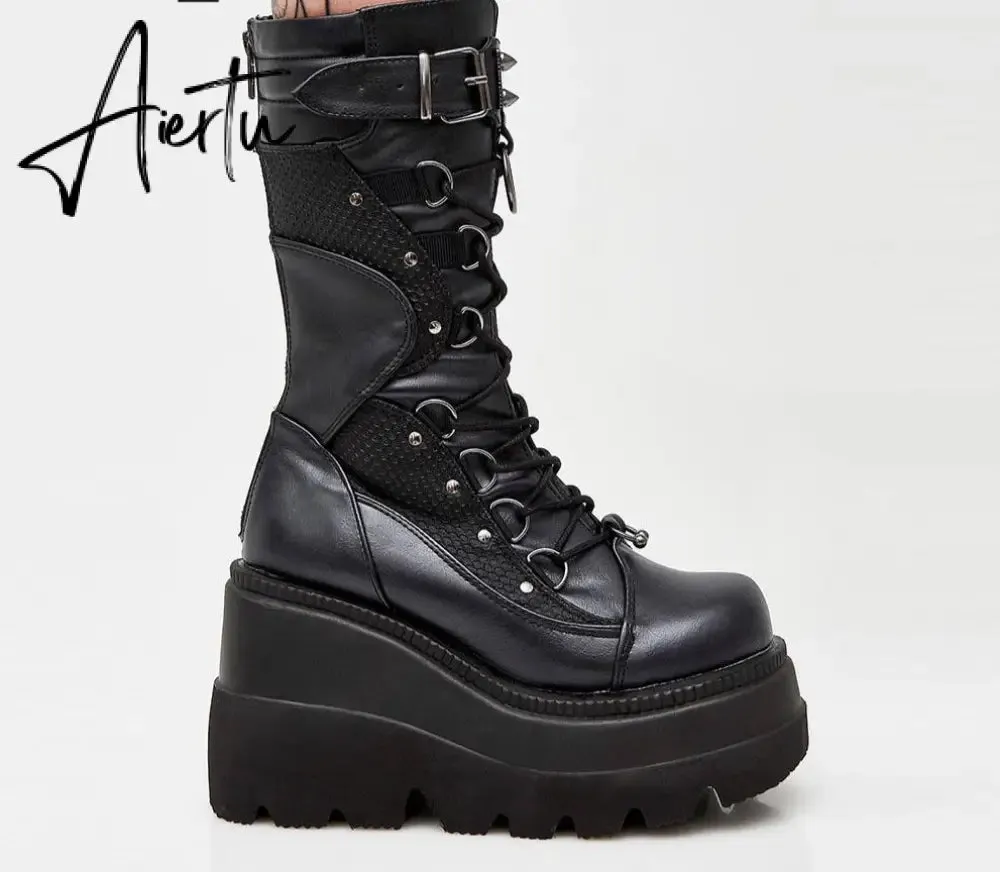 Aiertu Big Size 35-43 Brand Design Ladies High Platform Boots Fashion Rivet Goth High Heels Boots Women Cosplay Wedges Punk Shoes Woman