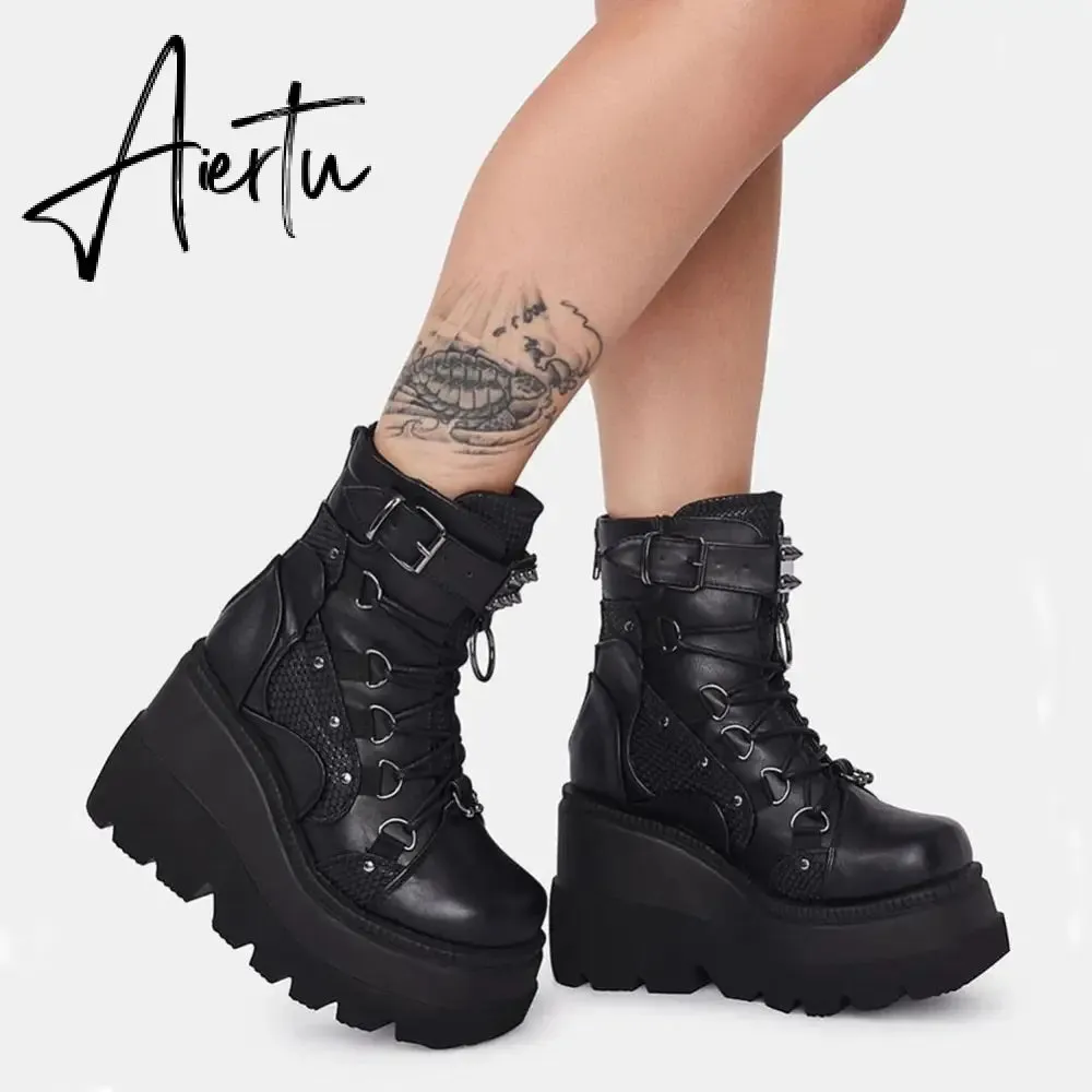 Aiertu Big Size 35-43 Brand Design Ladies High Platform Boots Fashion Rivet Goth High Heels Boots Women Cosplay Wedges Punk Shoes Woman