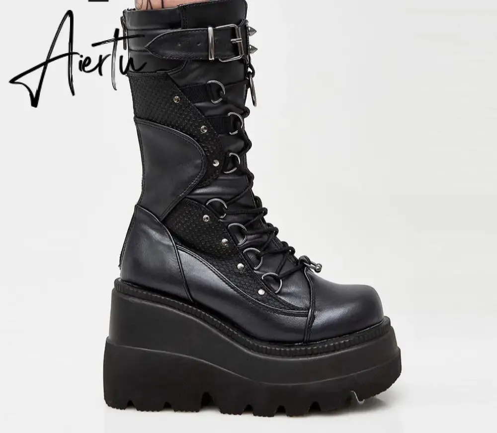 Aiertu Big Size 35-43 Brand Design Ladies High Platform Boots Fashion Rivet Goth High Heels Boots Women Cosplay Wedges Punk Shoes Woman