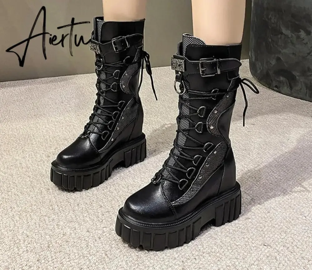 Aiertu Big Size 35-43 Brand Design Ladies High Platform Boots Fashion Rivet Goth High Heels Boots Women Cosplay Wedges Punk Shoes Woman