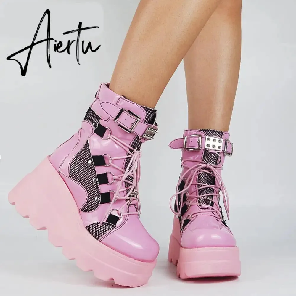 Aiertu Big Size 35-43 Brand Design Ladies High Platform Boots Fashion Rivet Goth High Heels Boots Women Cosplay Wedges Punk Shoes Woman