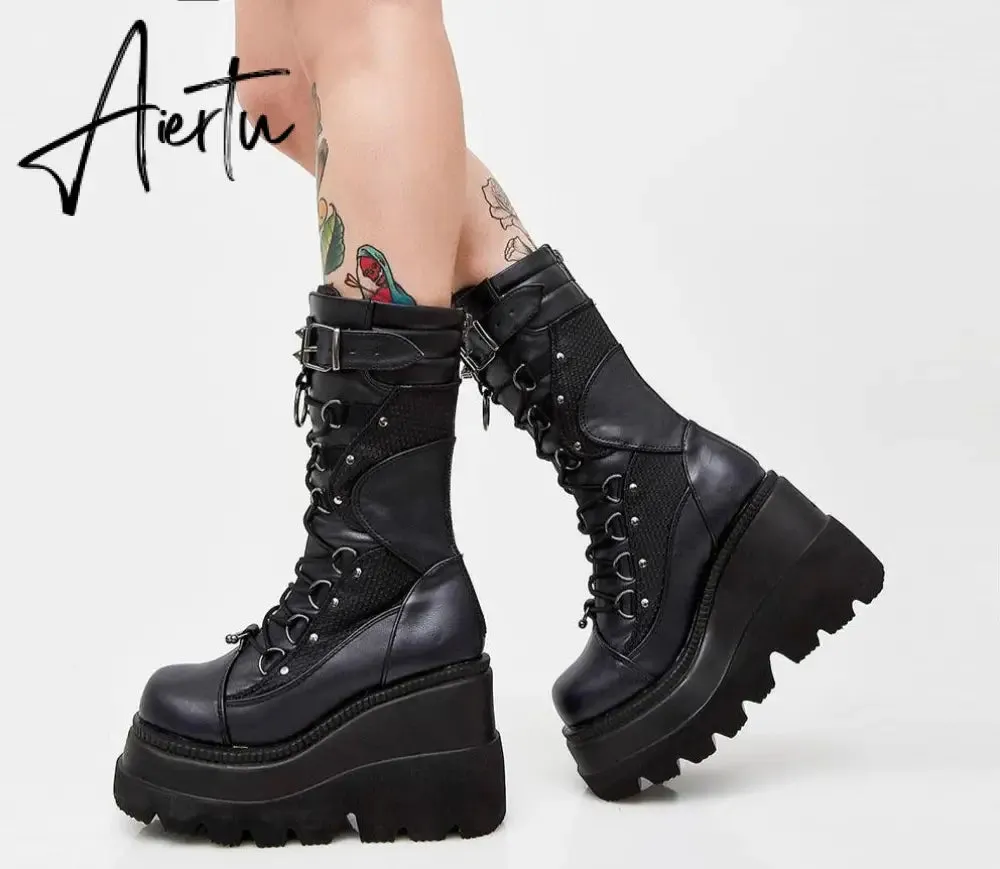 Aiertu Big Size 35-43 Brand Design Ladies High Platform Boots Fashion Rivet Goth High Heels Boots Women Cosplay Wedges Punk Shoes Woman