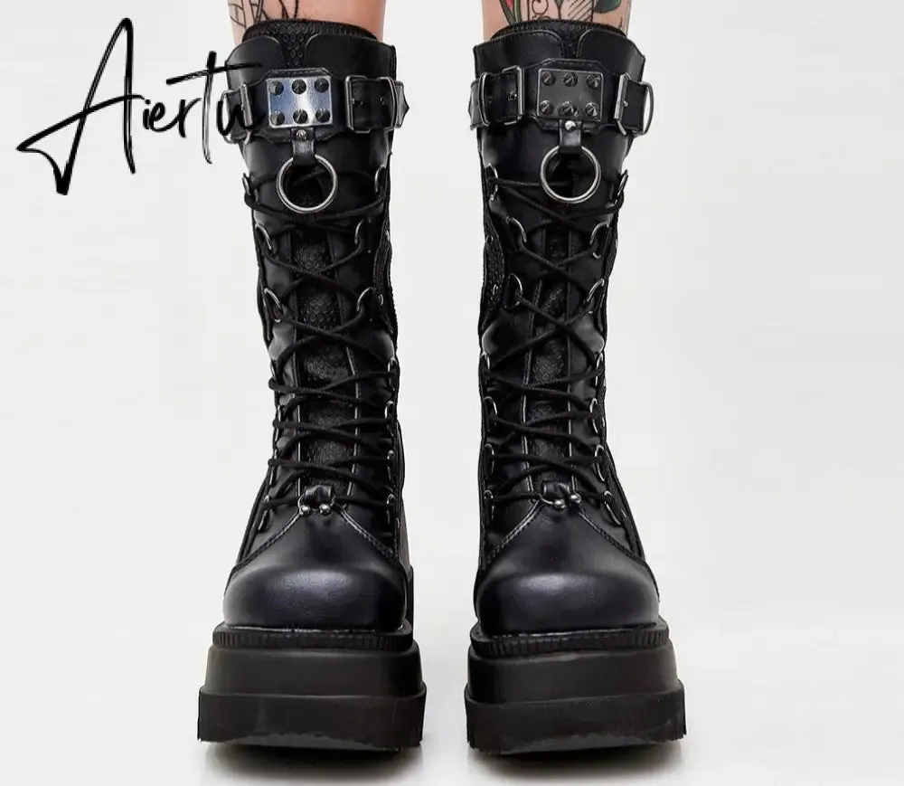 Aiertu Big Size 35-43 Brand Design Ladies High Platform Boots Fashion Rivet Goth High Heels Boots Women Cosplay Wedges Punk Shoes Woman