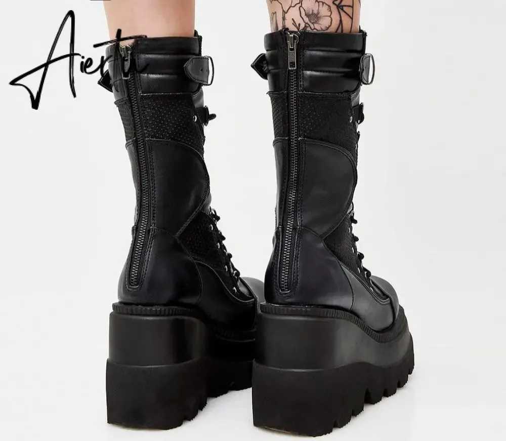 Aiertu Big Size 35-43 Brand Design Ladies High Platform Boots Fashion Rivet Goth High Heels Boots Women Cosplay Wedges Punk Shoes Woman