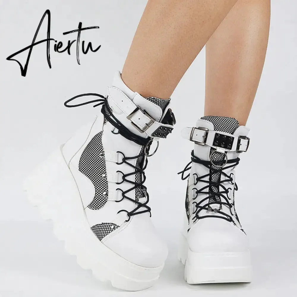 Aiertu Big Size 35-43 Brand Design Ladies High Platform Boots Fashion Rivet Goth High Heels Boots Women Cosplay Wedges Punk Shoes Woman