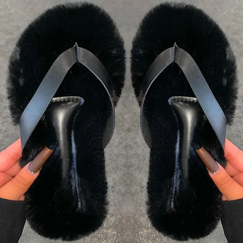 Amozae-Back to school   Women Fur Rhinestone Slippers Platform Wedges Heel Solid Fluffy Furry Slides Outside   Shoes Ladies Comfortable Female Flats