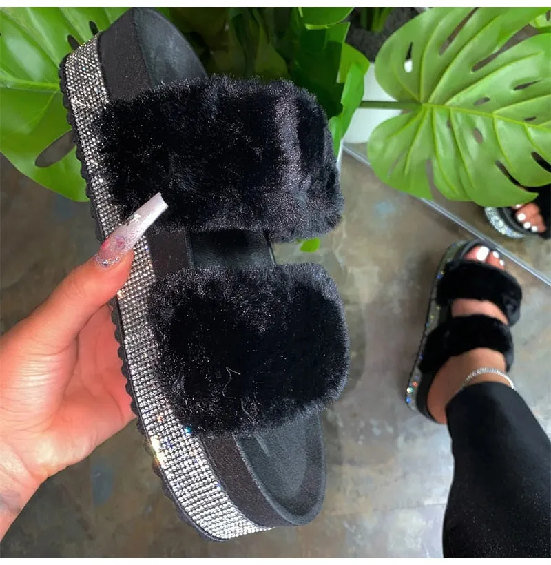 Amozae-Back to school   Women Fur Rhinestone Slippers Platform Wedges Heel Solid Fluffy Furry Slides Outside   Shoes Ladies Comfortable Female Flats