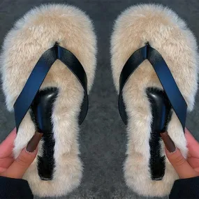 Amozae-Back to school   Women Fur Rhinestone Slippers Platform Wedges Heel Solid Fluffy Furry Slides Outside   Shoes Ladies Comfortable Female Flats