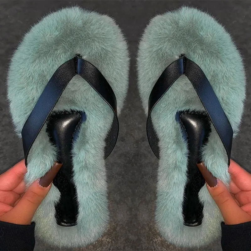 Amozae-Back to school   Women Fur Rhinestone Slippers Platform Wedges Heel Solid Fluffy Furry Slides Outside   Shoes Ladies Comfortable Female Flats