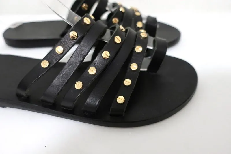 Ancient Greek Sandals Niki Nails Sandals Black Leather Size 36 Flat Slides NEW