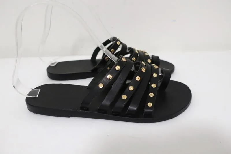 Ancient Greek Sandals Niki Nails Sandals Black Leather Size 36 Flat Slides NEW