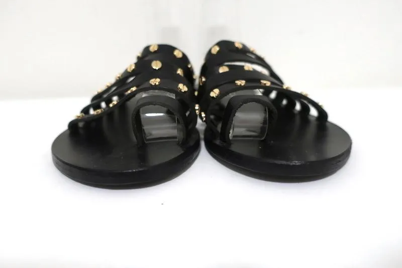 Ancient Greek Sandals Niki Nails Sandals Black Leather Size 36 Flat Slides NEW