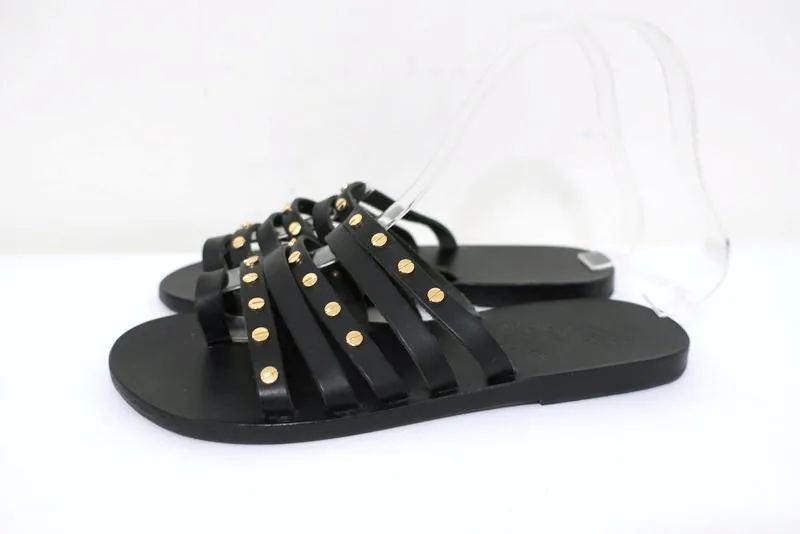 Ancient Greek Sandals Niki Nails Sandals Black Leather Size 36 Flat Slides NEW