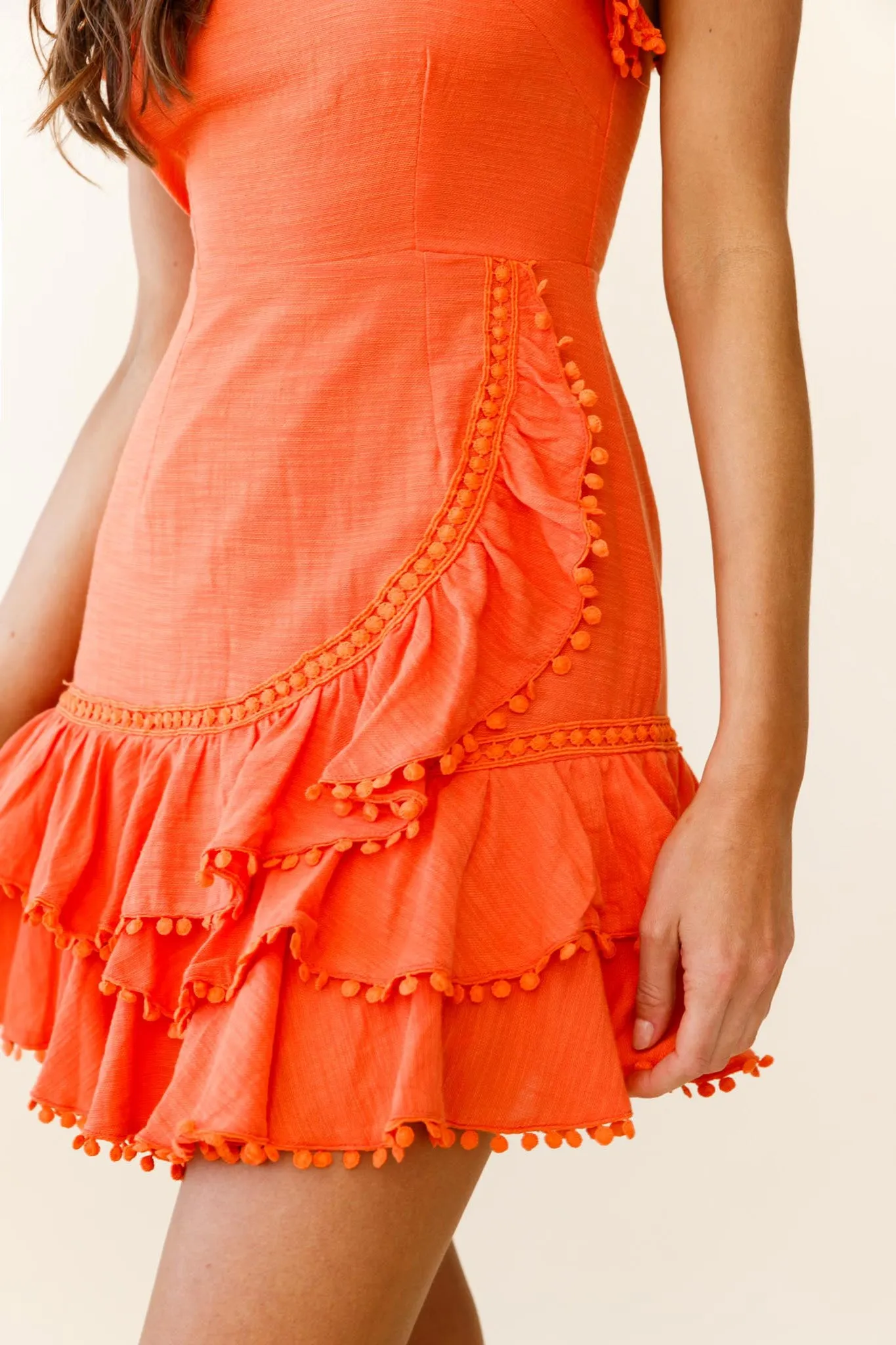 Annie Ruffle Shoulder Strap Layered Hem Mini Dress Orange