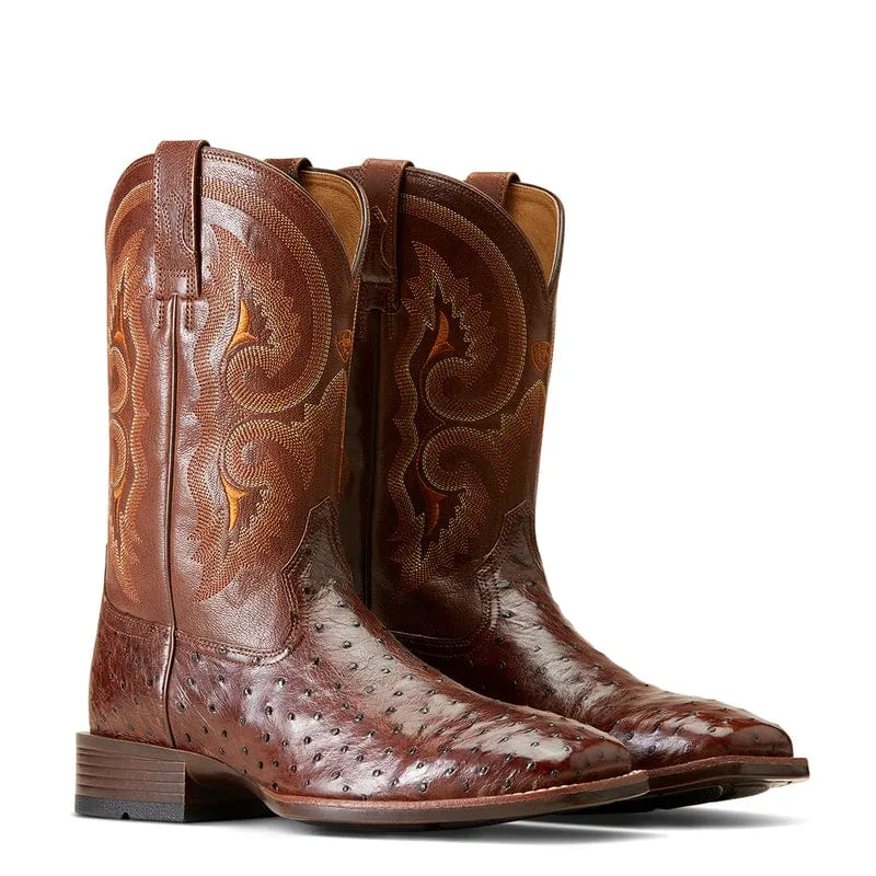 Ariat Men's Barley Ultra Dark Tabac Full Quill Ostrich Square Toe Exotic Western Boots 10046961