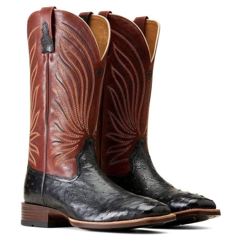 Ariat Men's Brandin' Ultra Jet Black Full Quill Ostrich Square Toe Exotic Western Boots 10046962