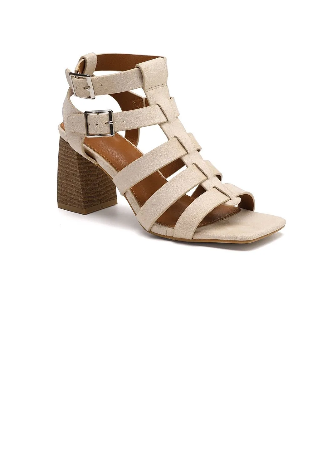 BEIGE BLOCK HEEL CAGE LOOK STRAPPY BUCKLE DETAIL HEEL SANDALS