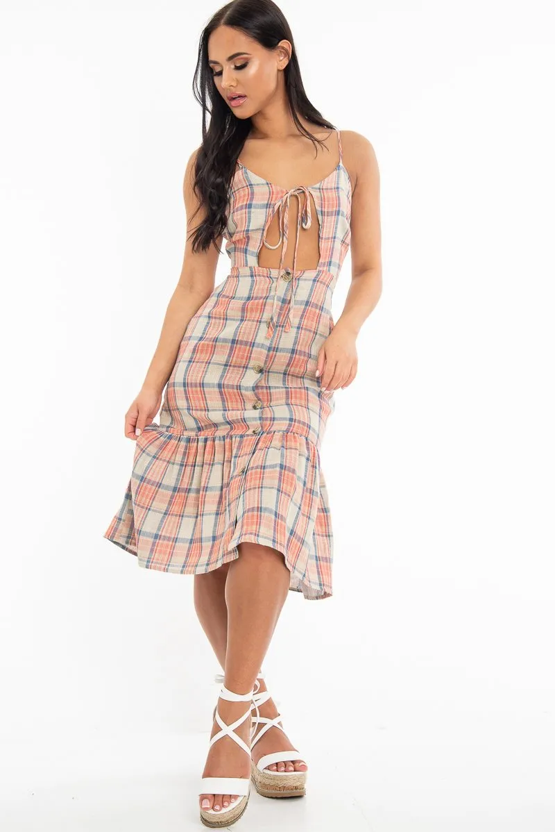 Beige Check Tie Button Front Ruffle Hem Midi Dress - Lorenza