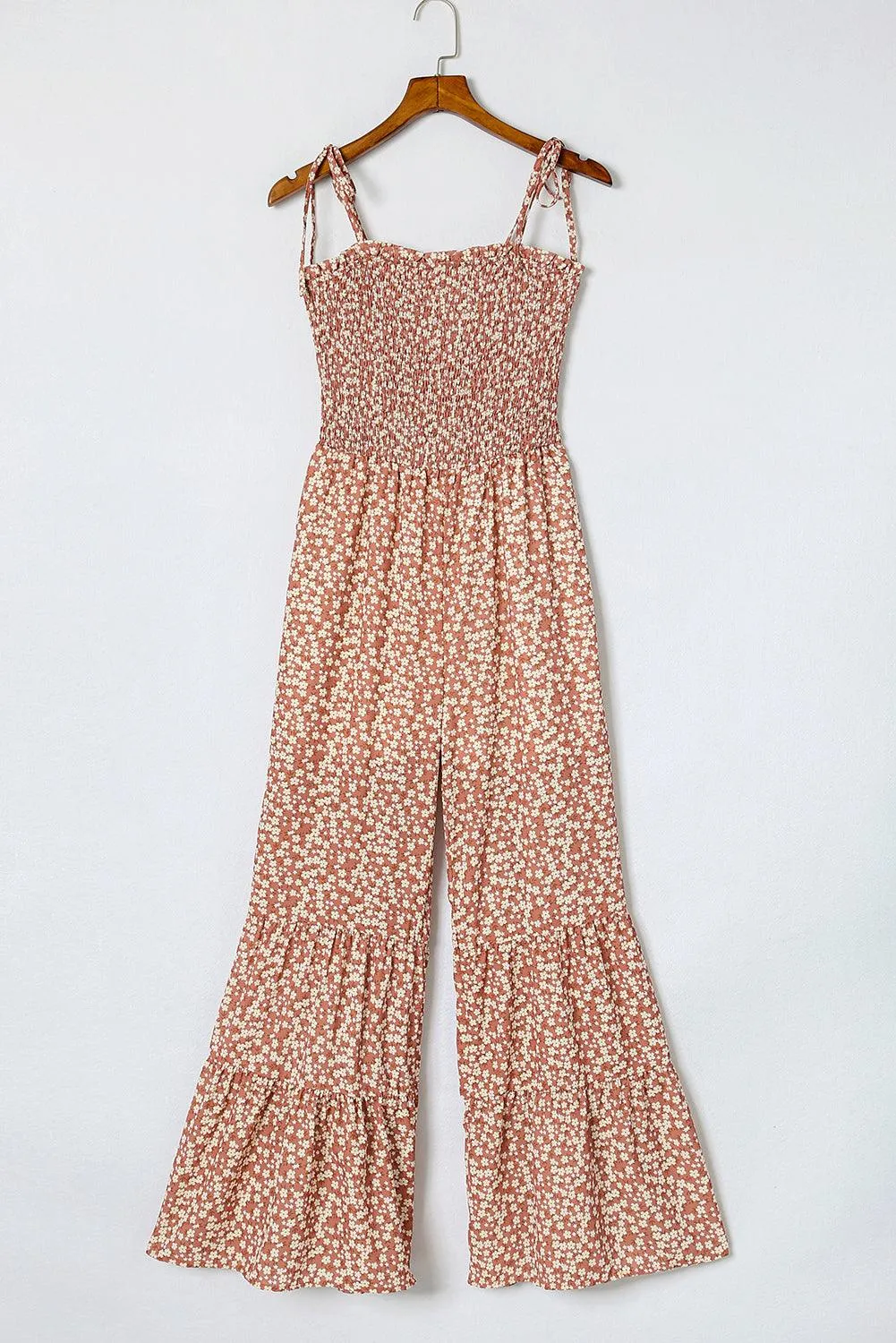 Beige Floral Jumpsuit with Spaghetti Straps & Smocked Bodice