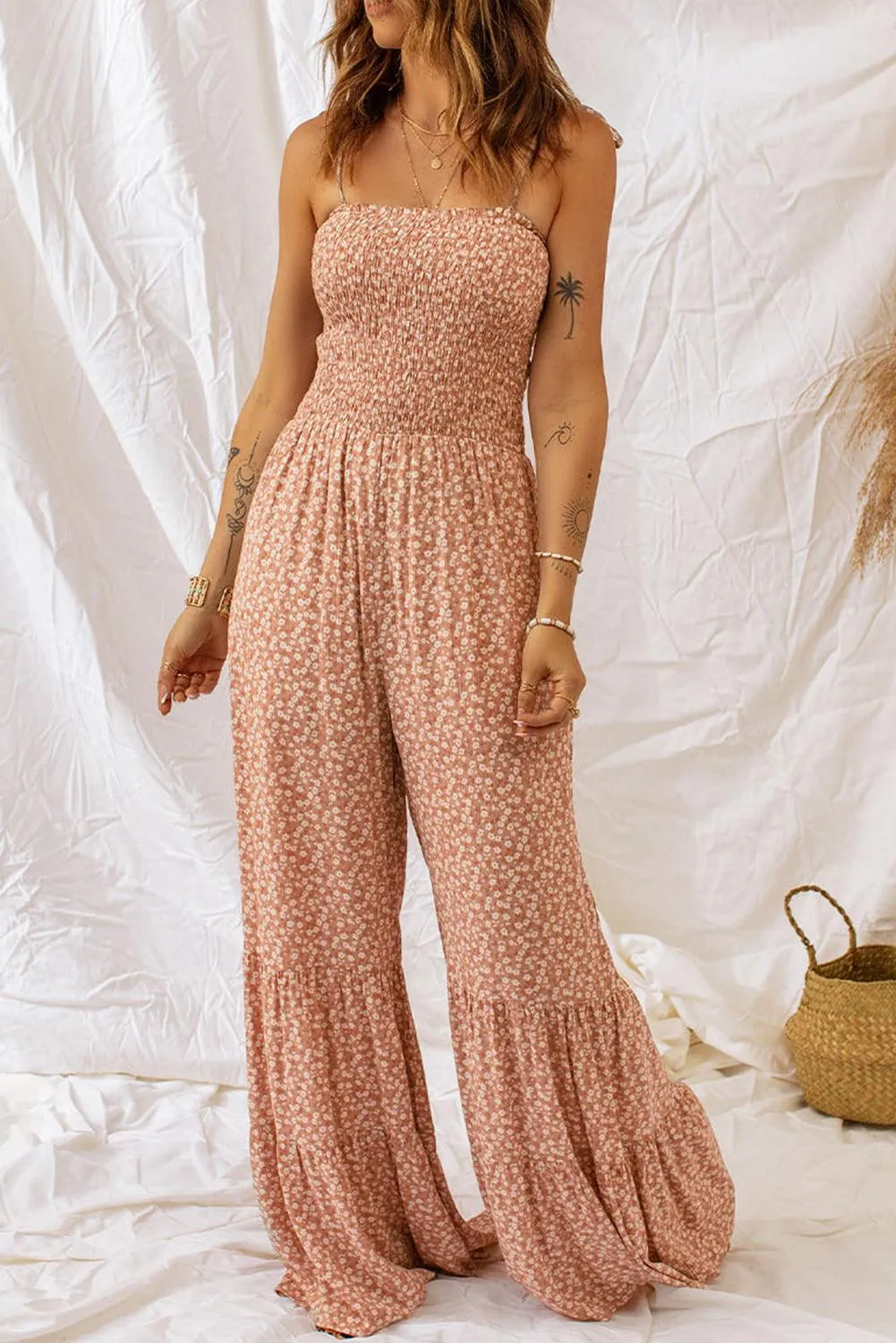 Beige Floral Jumpsuit with Spaghetti Straps & Smocked Bodice