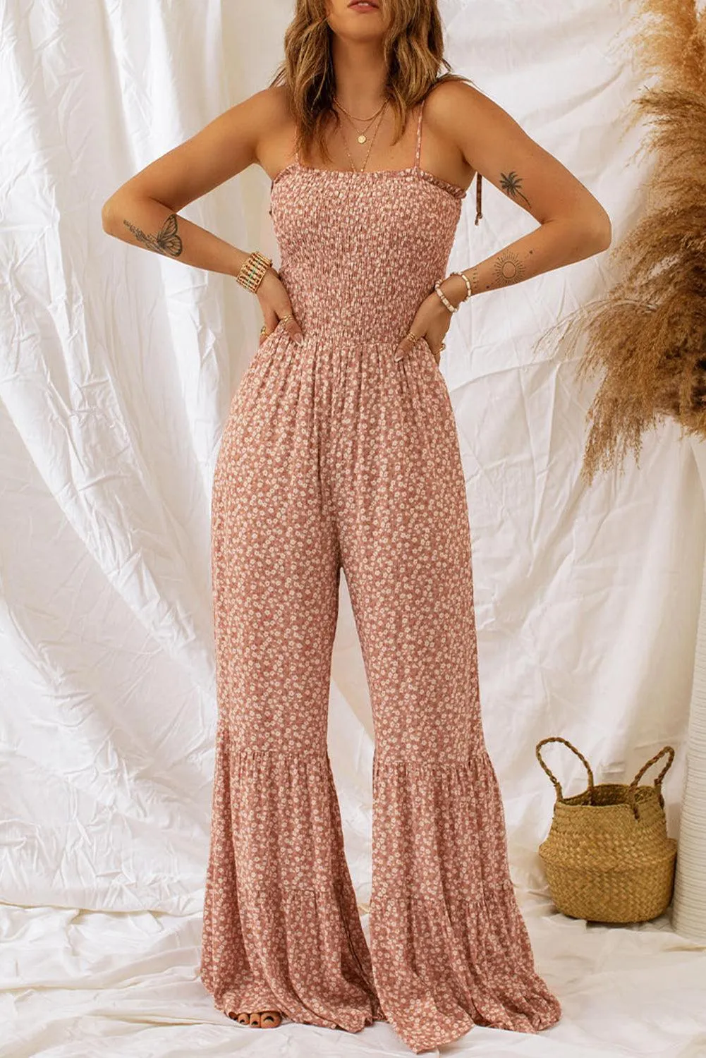 Beige Floral Jumpsuit with Spaghetti Straps & Smocked Bodice