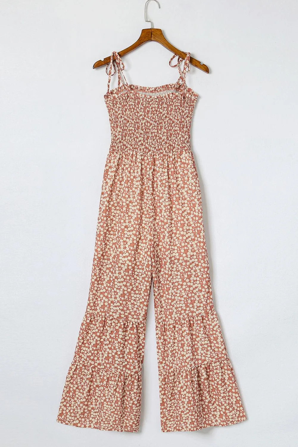 Beige Floral Jumpsuit with Spaghetti Straps & Smocked Bodice