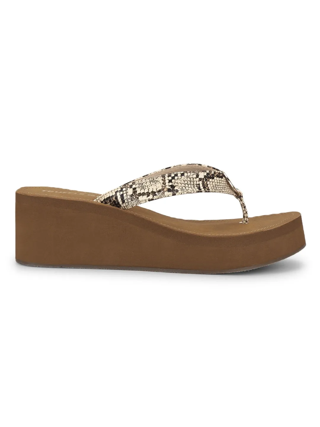 Beige PU Snake Pattern Slip On Wedges