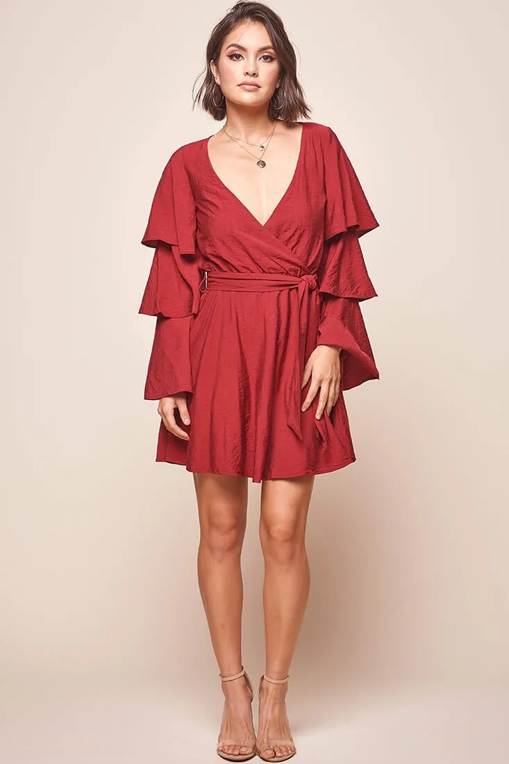 Bellini Tiered Ruffle Sleeve Dress Wine