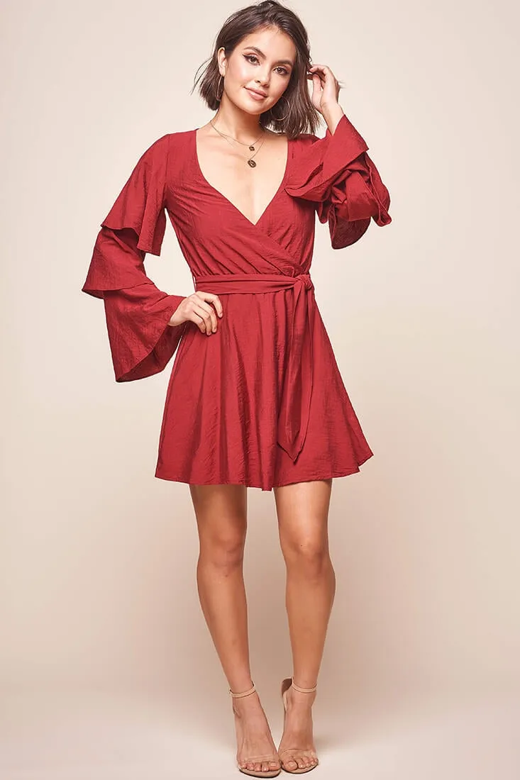 Bellini Tiered Ruffle Sleeve Dress Wine