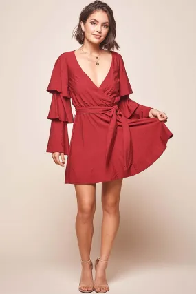 Bellini Tiered Ruffle Sleeve Dress Wine