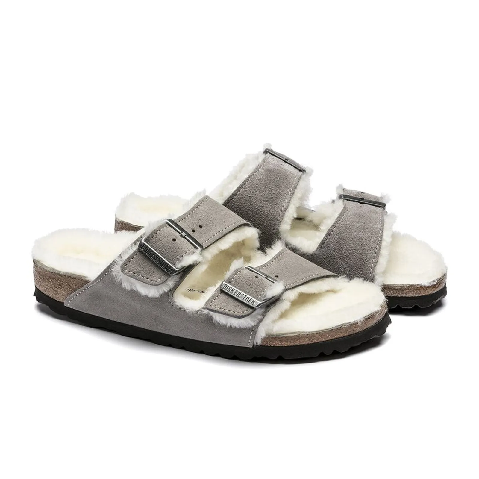 Birkenstock Arizona Narrow Slide Sandal (Women) - Stone Coin Suede/Natural Shearling