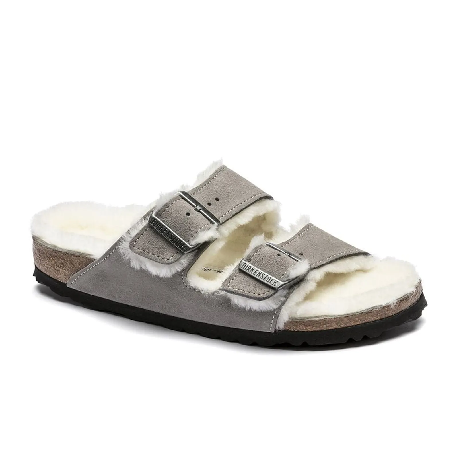 Birkenstock Arizona Narrow Slide Sandal (Women) - Stone Coin Suede/Natural Shearling