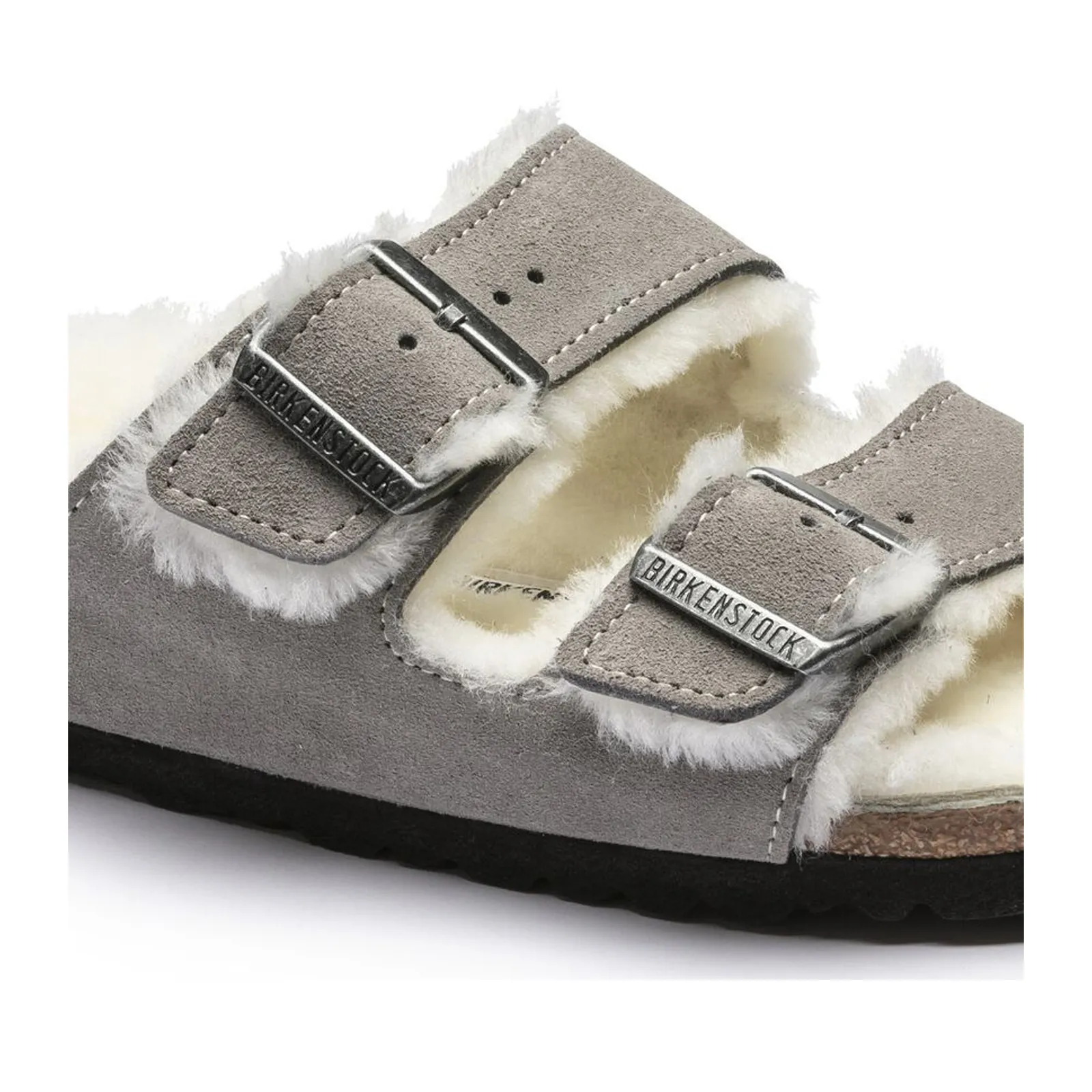 Birkenstock Arizona Narrow Slide Sandal (Women) - Stone Coin Suede/Natural Shearling