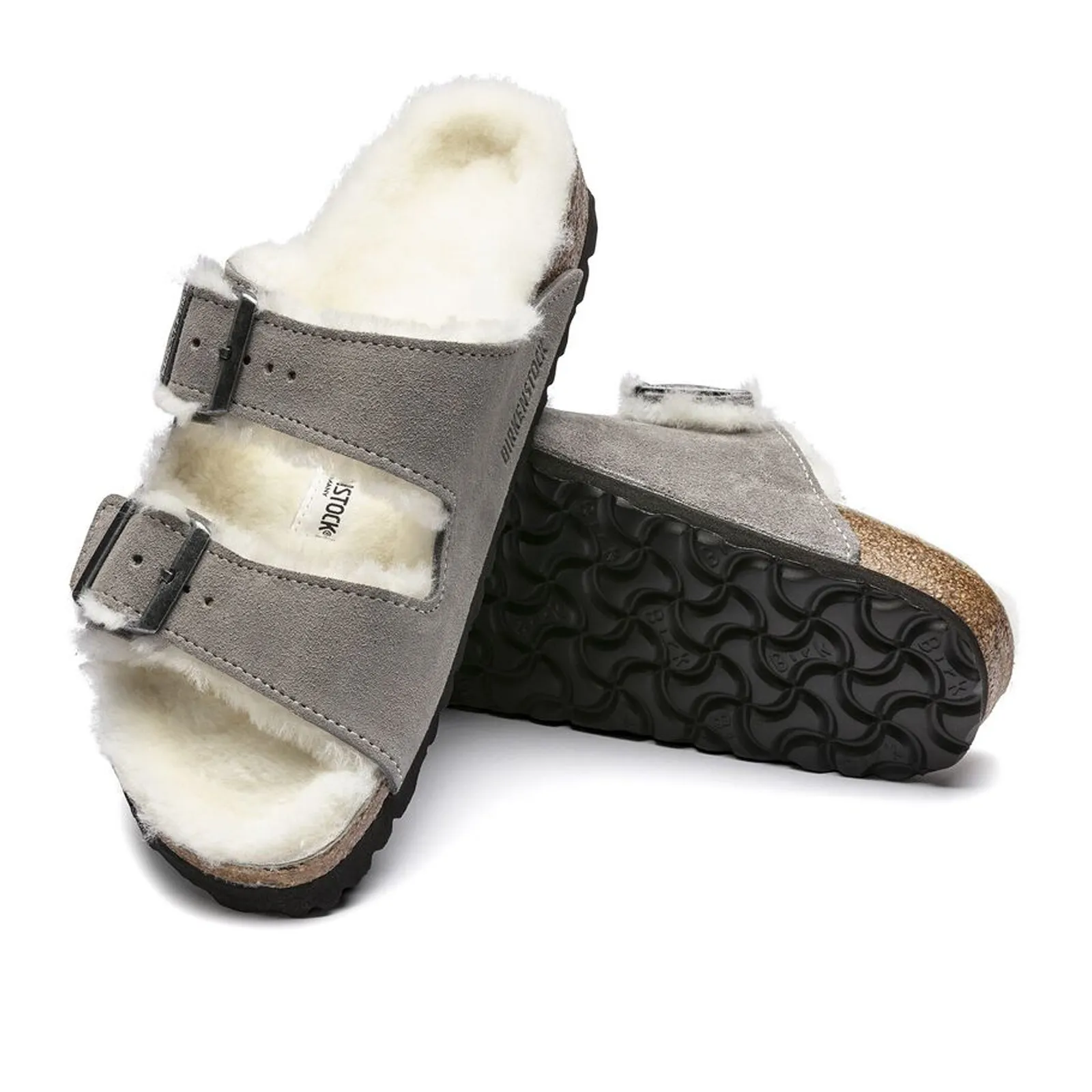 Birkenstock Arizona Narrow Slide Sandal (Women) - Stone Coin Suede/Natural Shearling