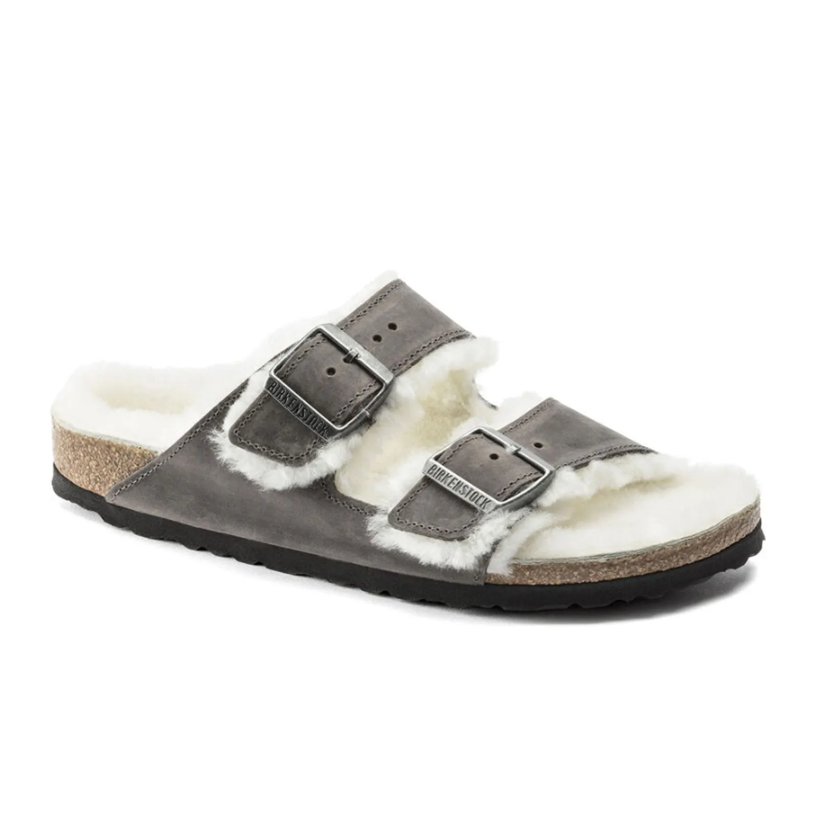 Birkenstock Arizona Slide Sandal (Women) - Iron Nubuck/Natural Shearling