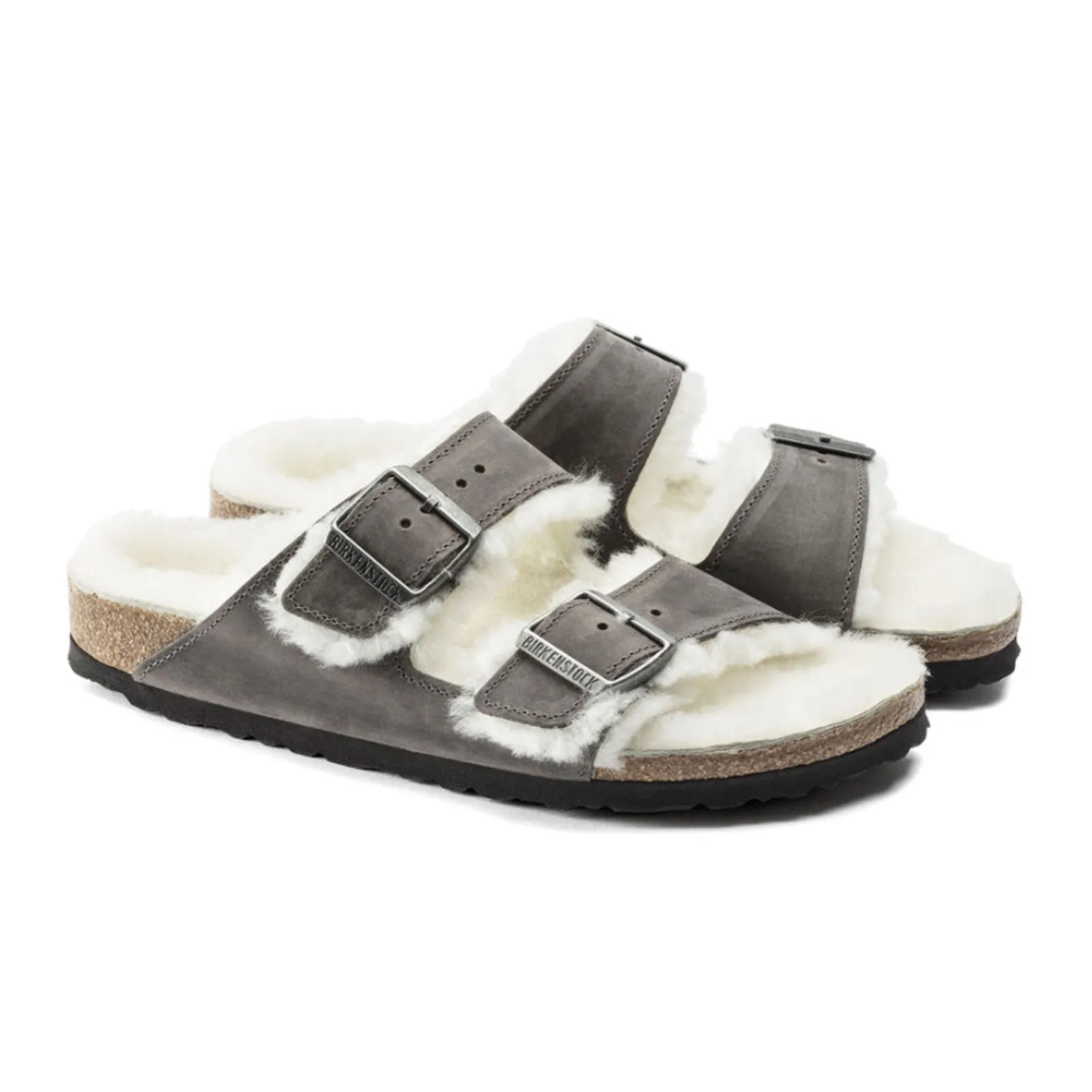 Birkenstock Arizona Slide Sandal (Women) - Iron Nubuck/Natural Shearling