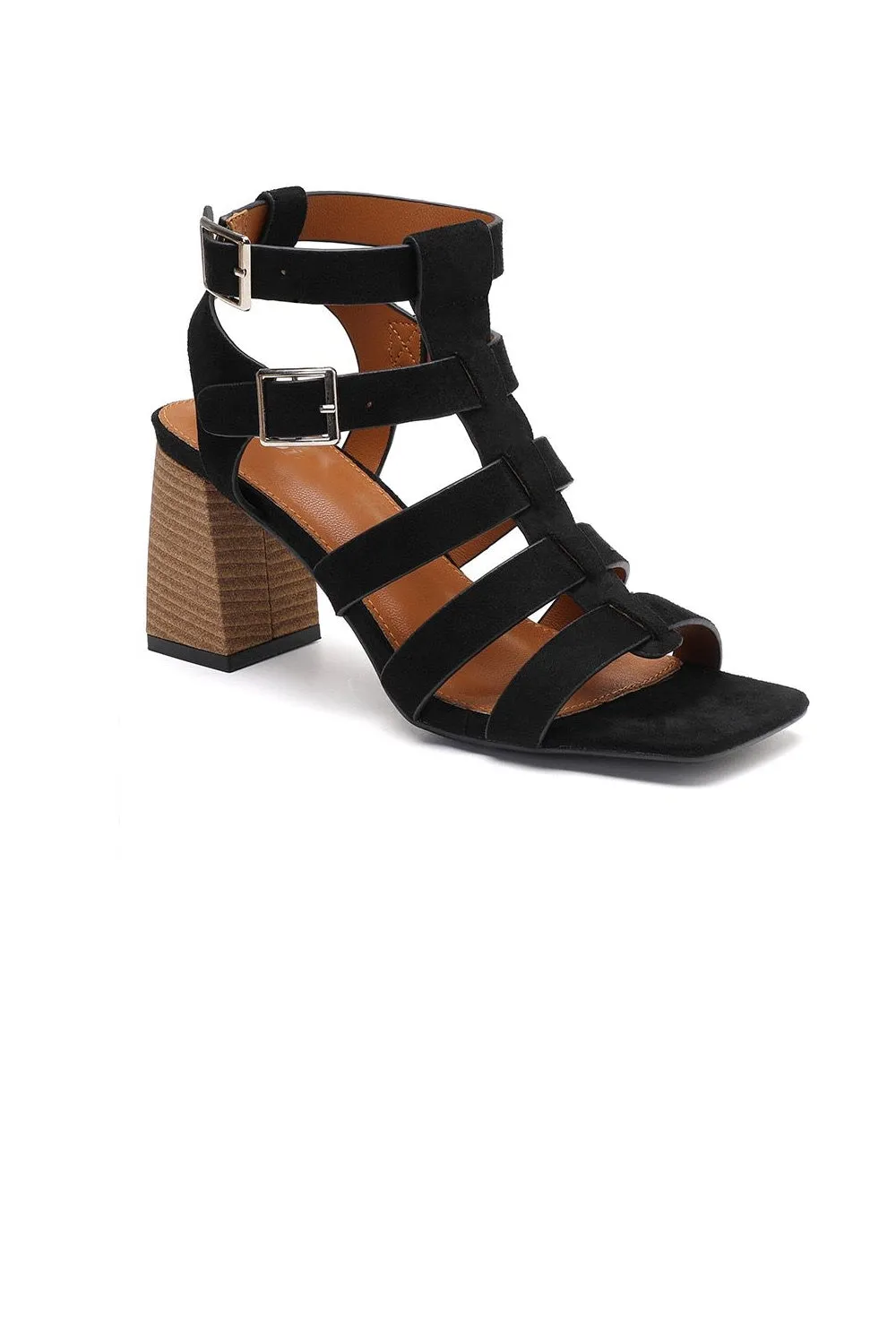 BLACK BLOCK HEEL CAGE LOOK STRAPPY BUCKLE DETAIL HEEL SANDALS