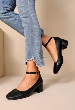 BLACK FAUX LEATHER CLOSED TOE MARRY JANE BLOCK HEELS