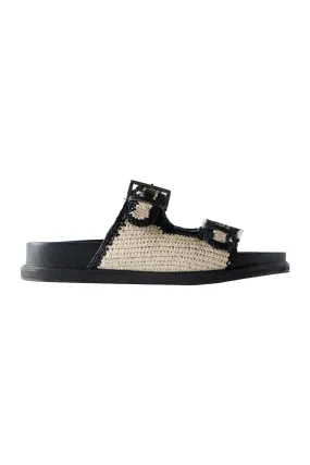 Black Leather Raffia Sandals