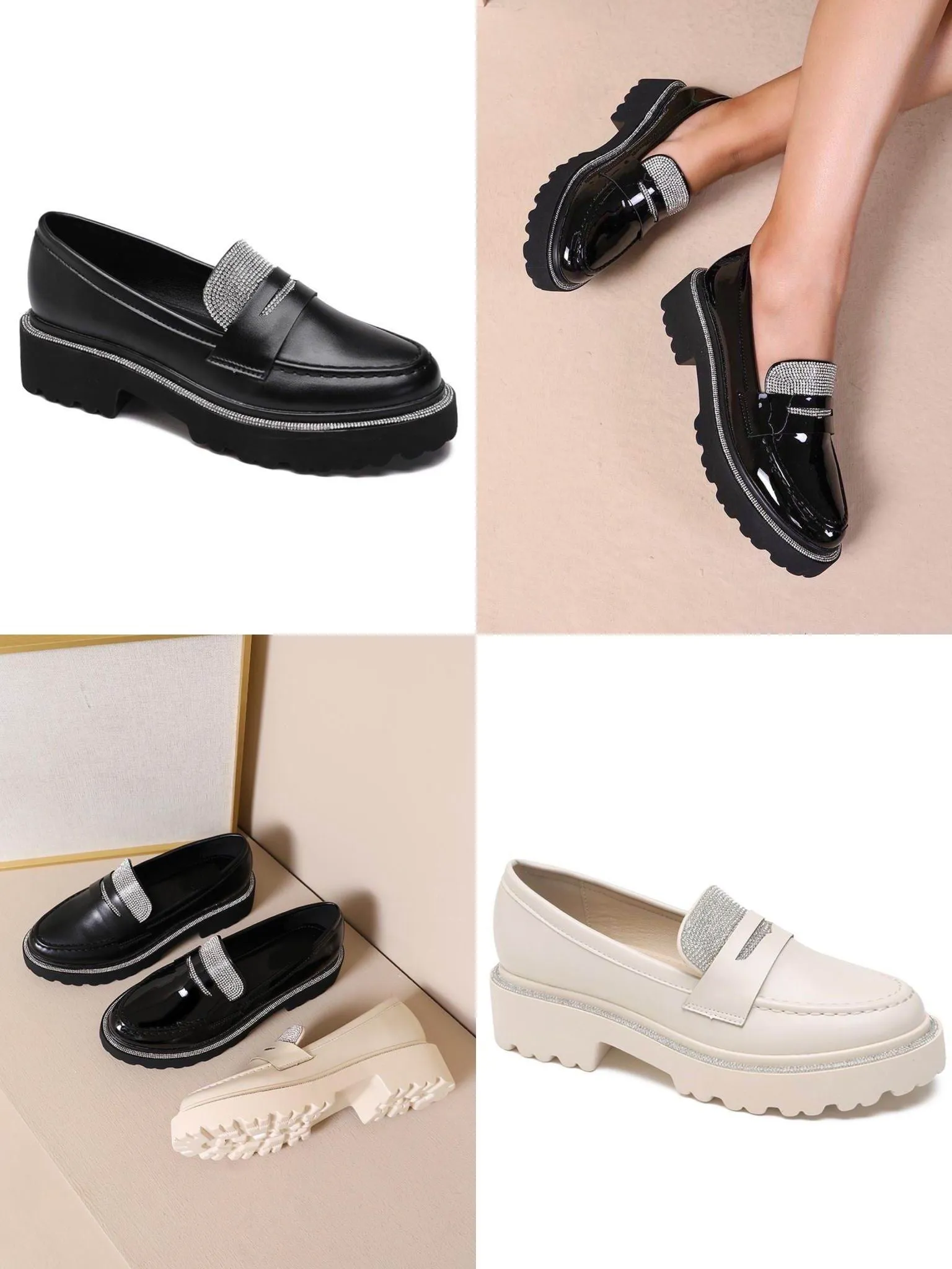 BLACK PU CHUNKY PLATFORM RHINSTONE FAUX LEATHER SLIP ON LOAFERS