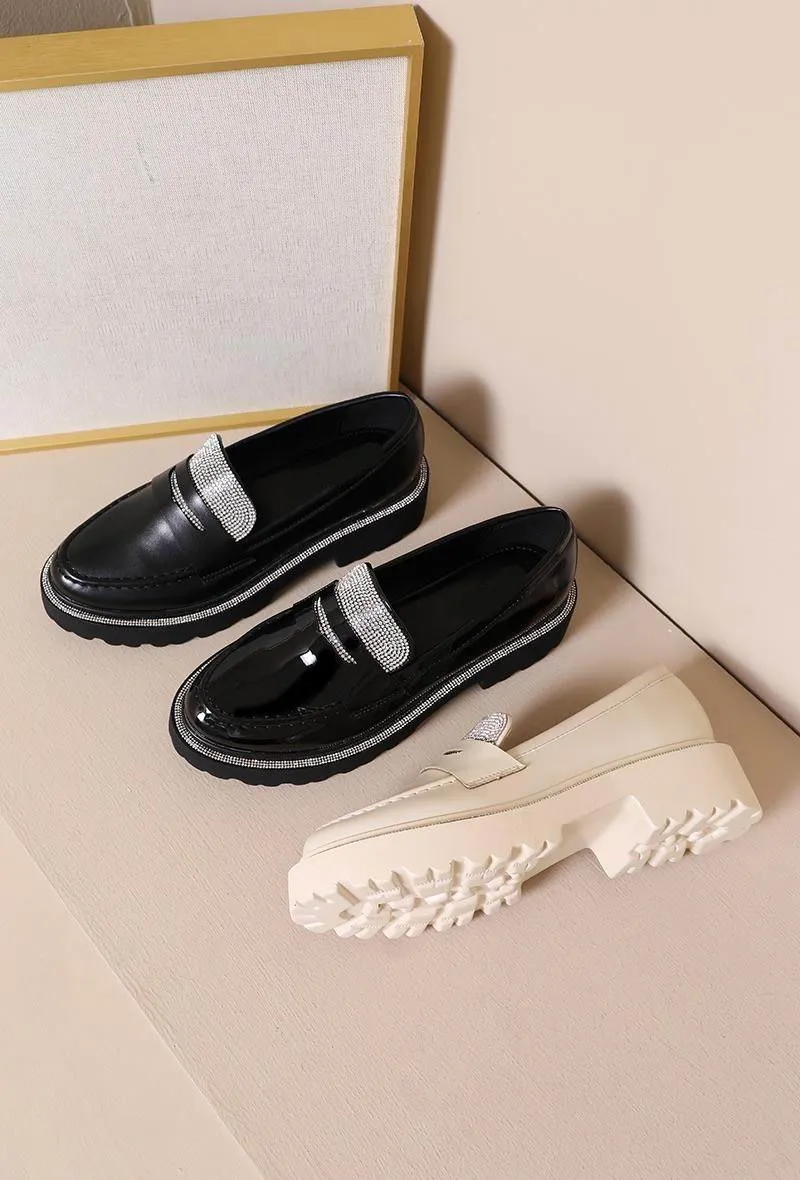 BLACK PU CHUNKY PLATFORM RHINSTONE FAUX LEATHER SLIP ON LOAFERS