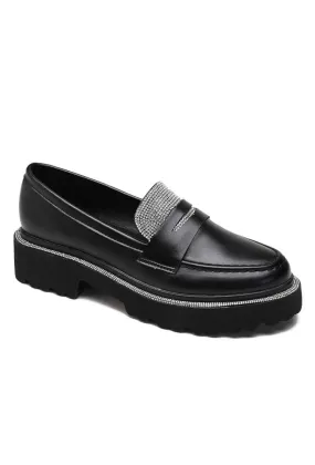 BLACK PU CHUNKY PLATFORM RHINSTONE FAUX LEATHER SLIP ON LOAFERS