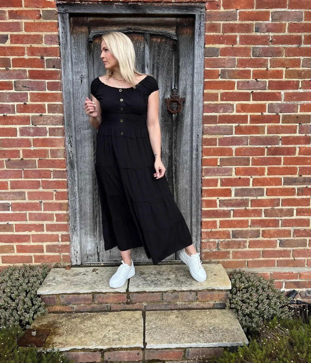 Black Tiered Shirred Midi Dress