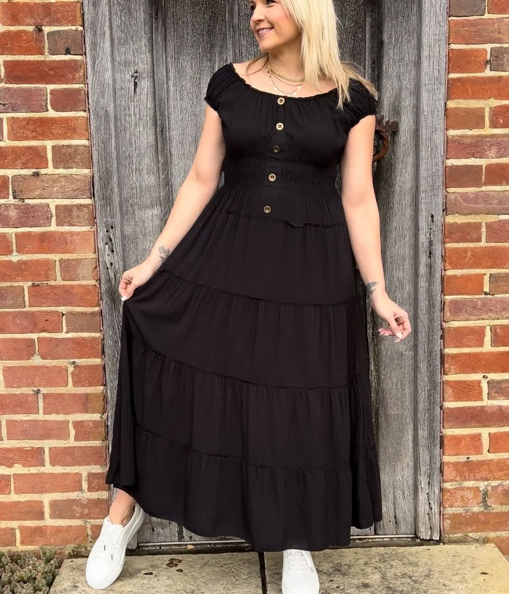 Black Tiered Shirred Midi Dress