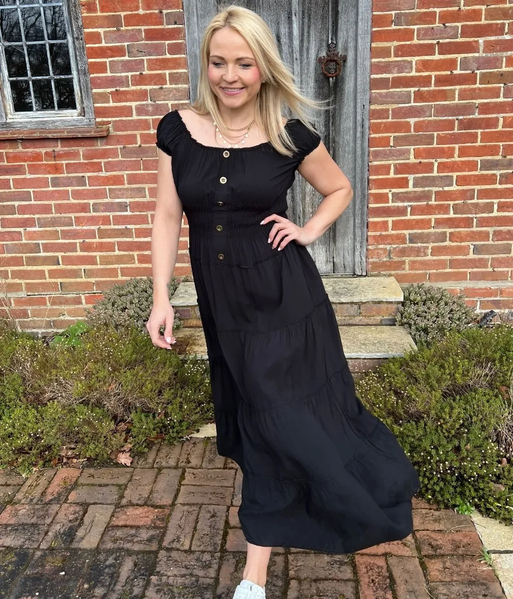 Black Tiered Shirred Midi Dress