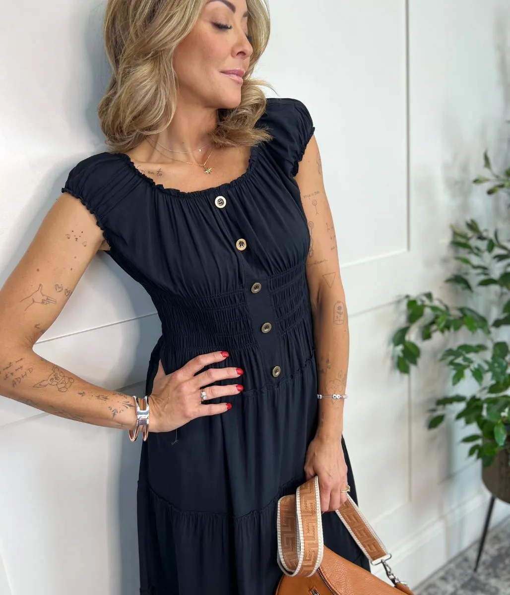 Black Tiered Shirred Midi Dress